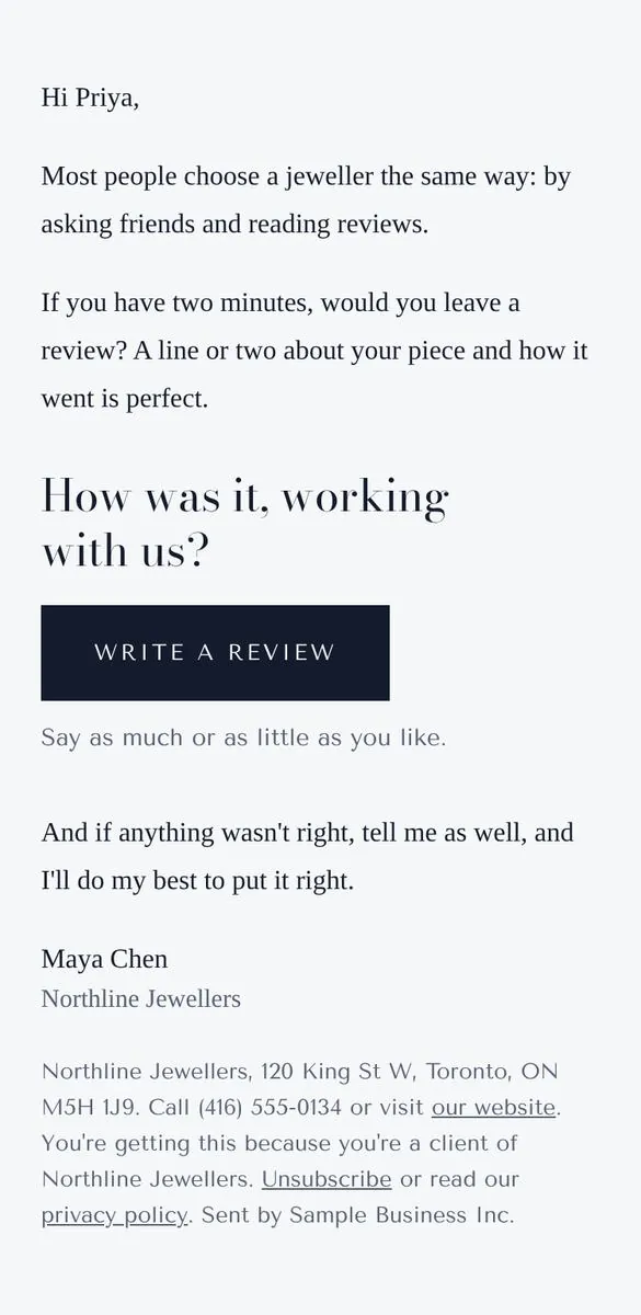 Jewellery follow-up email
