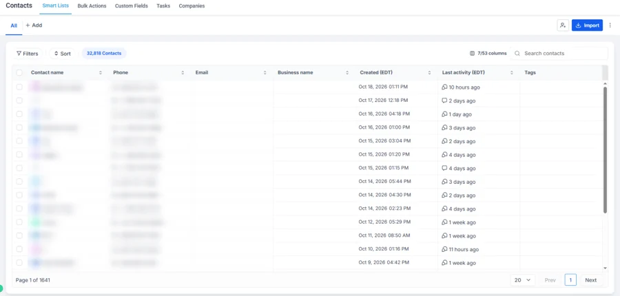 The client's contact list, names and numbers hidden